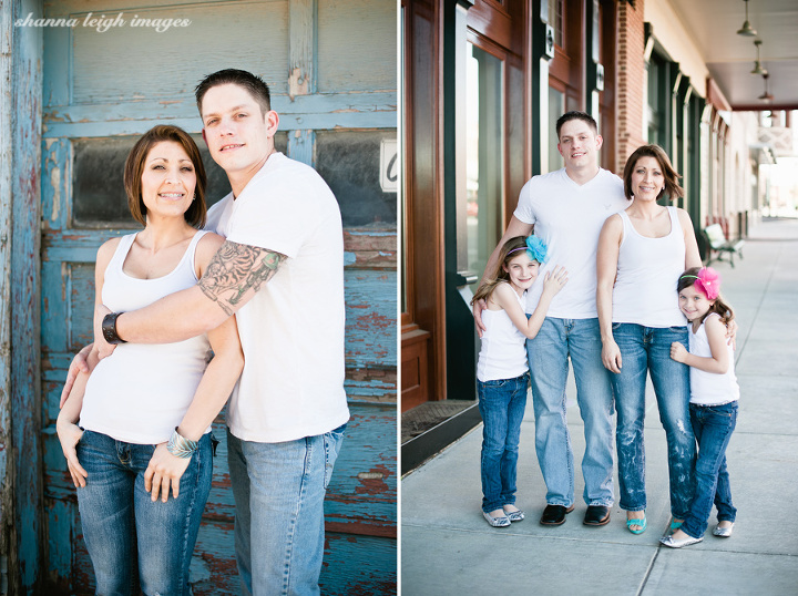 A family wearing white tank tops, blue jeans, and bright colored flower headbands shot in downtown Grapevine, Texas.