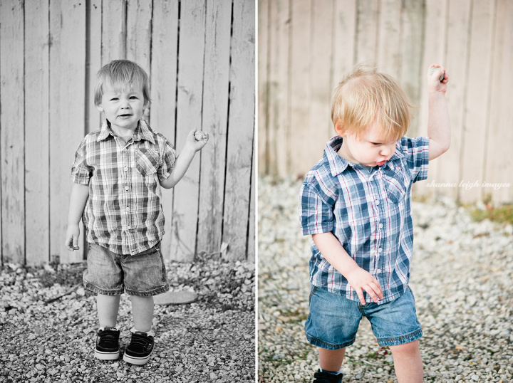 Two year old Kellen photographed downtown Roanoke, Texas throwing rocks as little boys do.