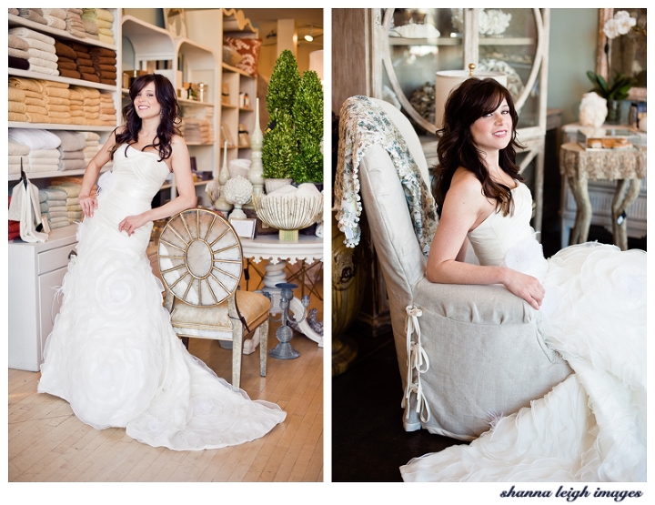 Beautiful bride Emily in her custom wedding dress by Bliss Bridal of Fort Worth, Texas posing for her bridal portraits at the gorgeous vintage styled Iron Bed store in Frisco, Texas with her beautiful brunette loose curls.