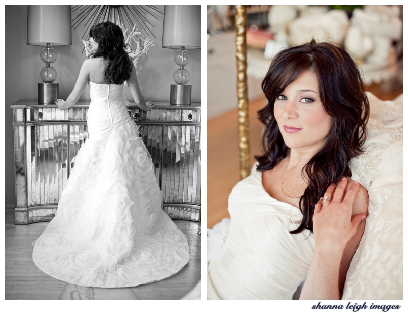 Beautiful bride Emily in her custom wedding dress by Bliss Bridal of Fort Worth, Texas posing for her bridal portraits at the gorgeous vintage styled Iron Bed store in Frisco, Texas with her beautiful brunette loose curls.