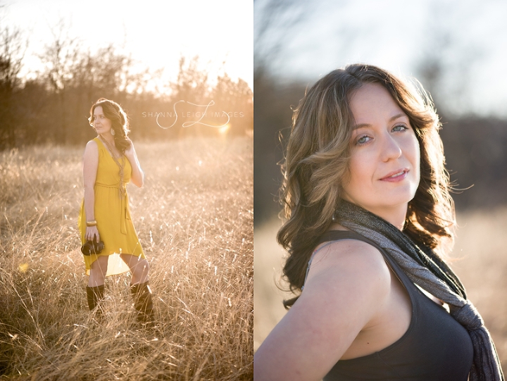 A photographer posing with her Canon camera in a mustard colored dress with Frye Jane boots in an overgrown field.