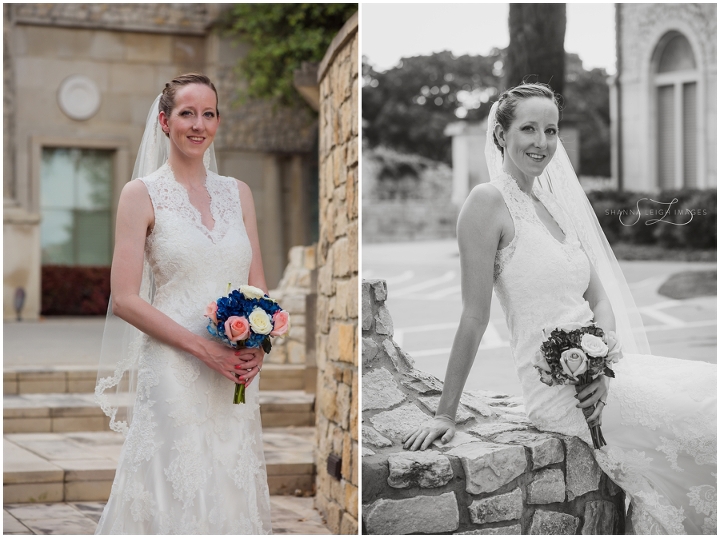 Stephanie in her lace Allure bridal gown posing for her bridal portraits at Adriatica in McKinney, Texas.