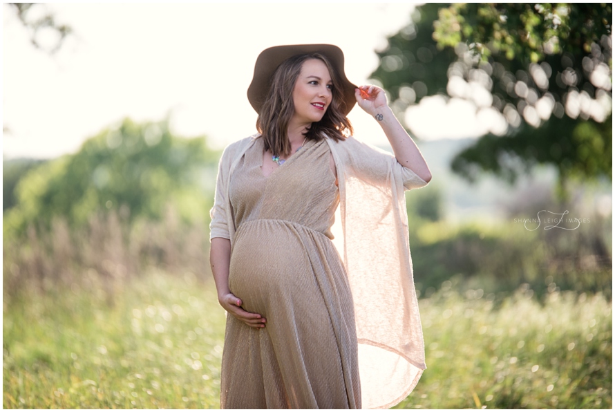 You don't always need a maternity gown for photos. We found this gorgeous flowing gold dress at shop ruche!